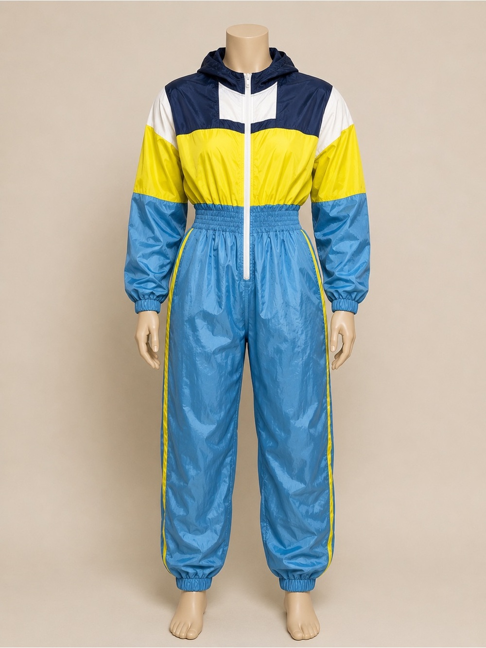 Colorblock Hooded Jumpsuit in Blue and Yellow